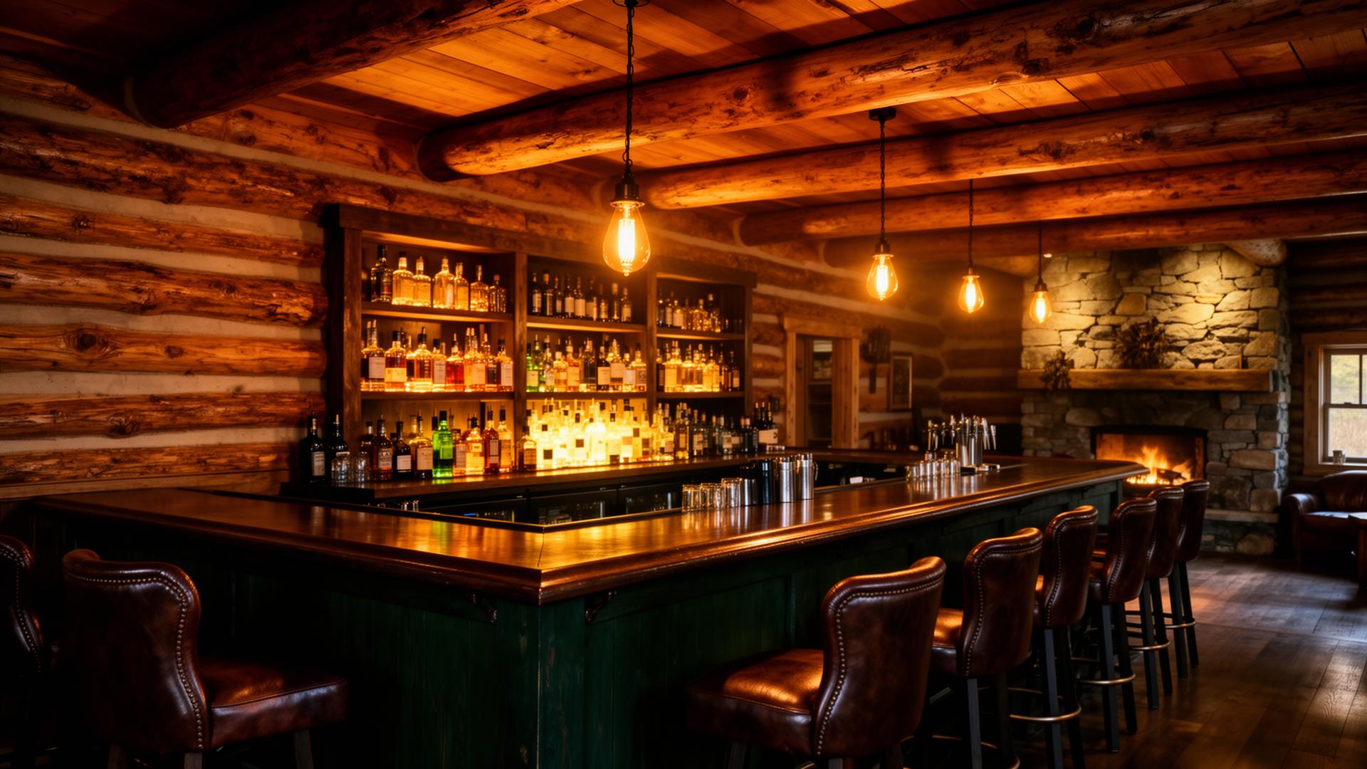 The bar at RC's — wood beams, candlelight, stone fireplace